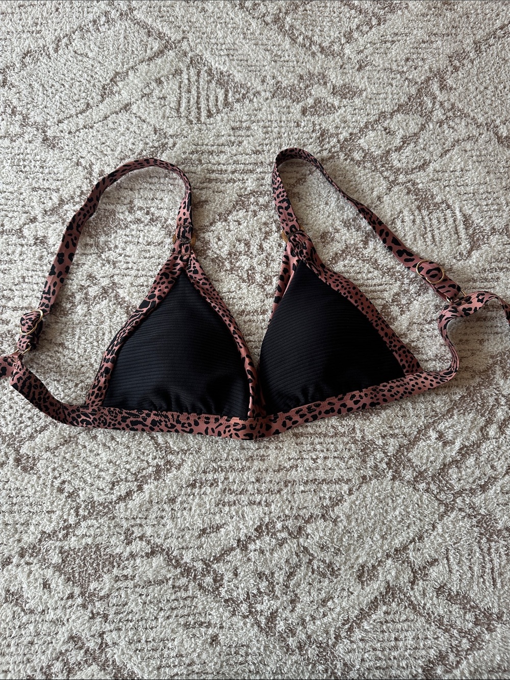 Seafolly Black Ribbed Bikini Top Pink Leopard Trim Gold Hardware